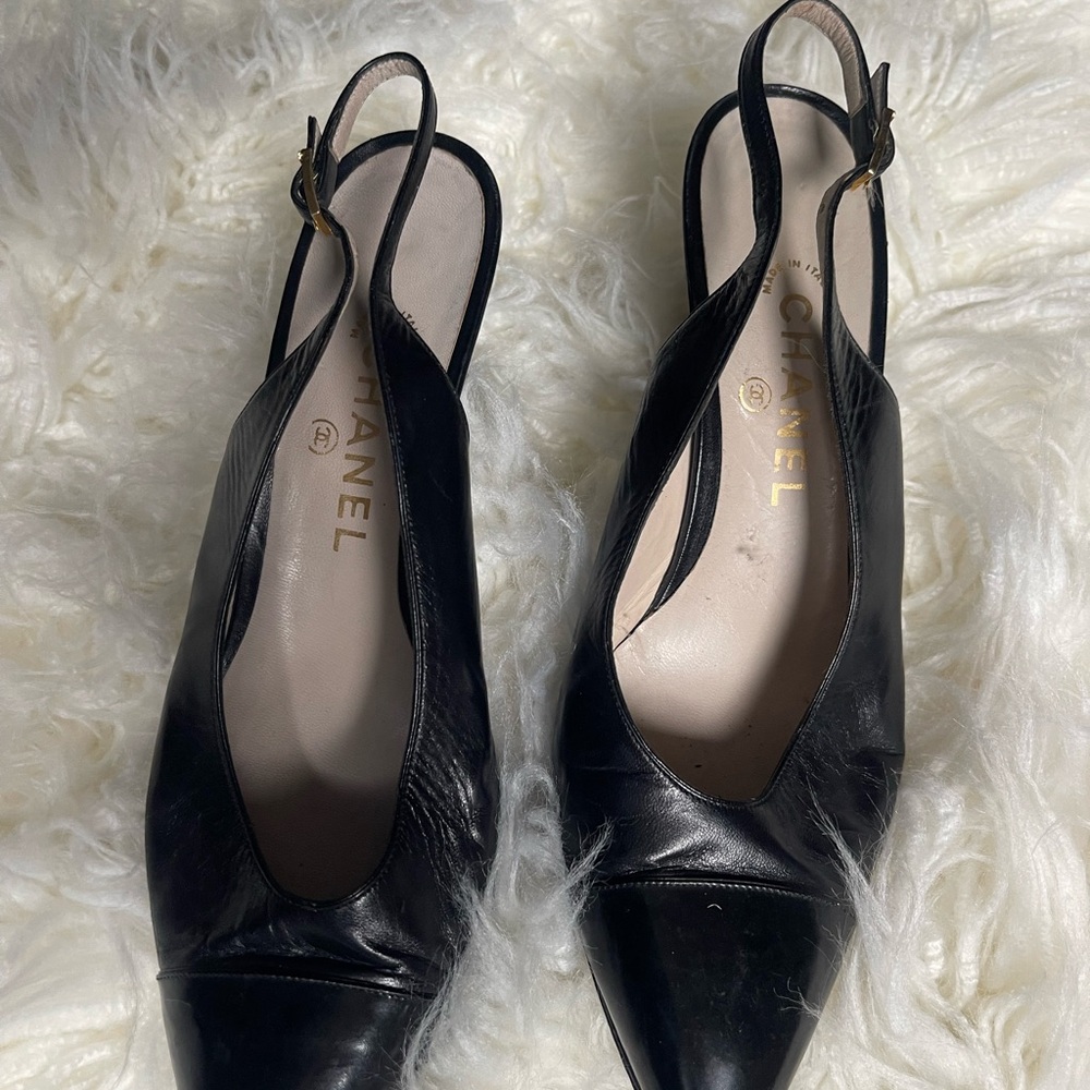 CHANEL Black Leather Slingback Heels